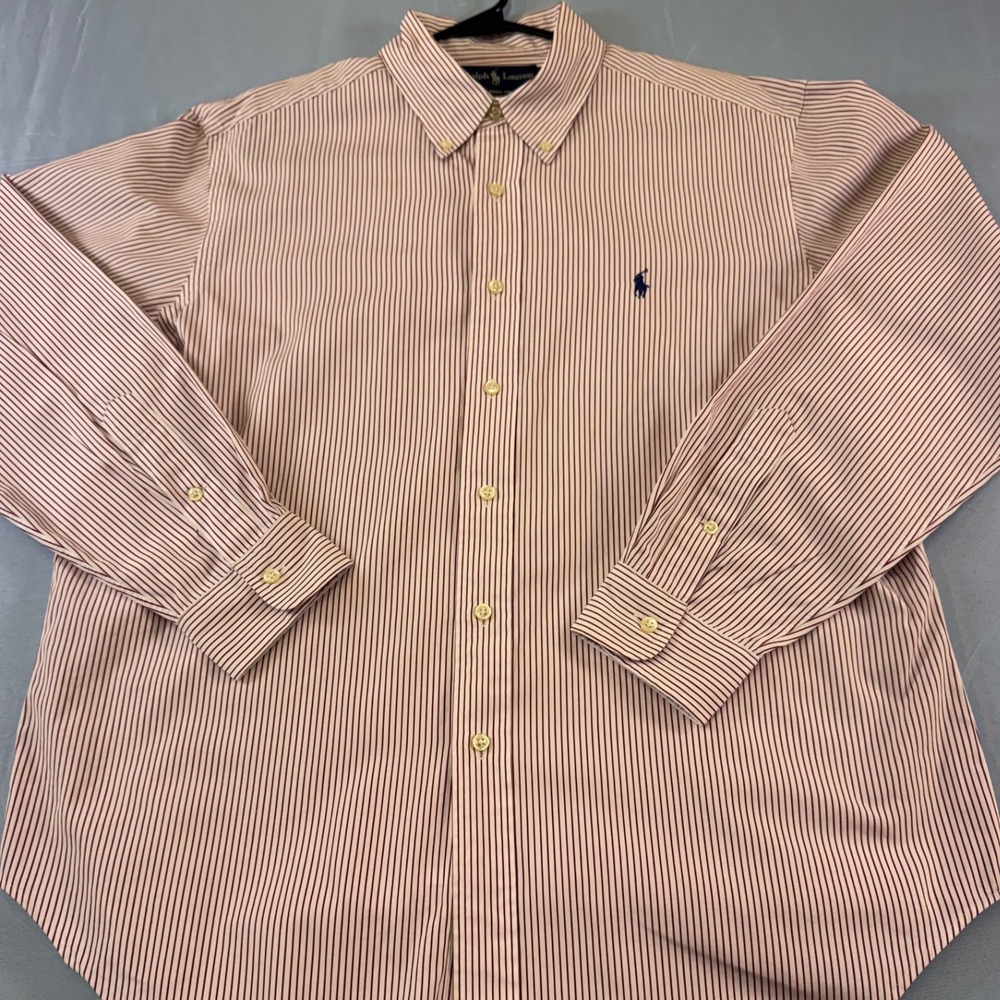 Ralph Lauren Mens Classic Fit Striped Button Down Shirt Red‎ White 16.5 34/35